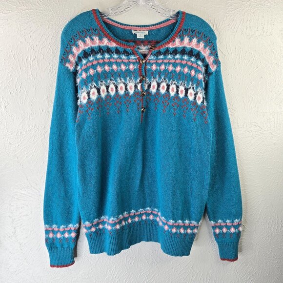 Sundance Sweaters - Sundance Fair Isle Henley Sweater S Blue Wool Blend Boho Cottage Cozy Pullover